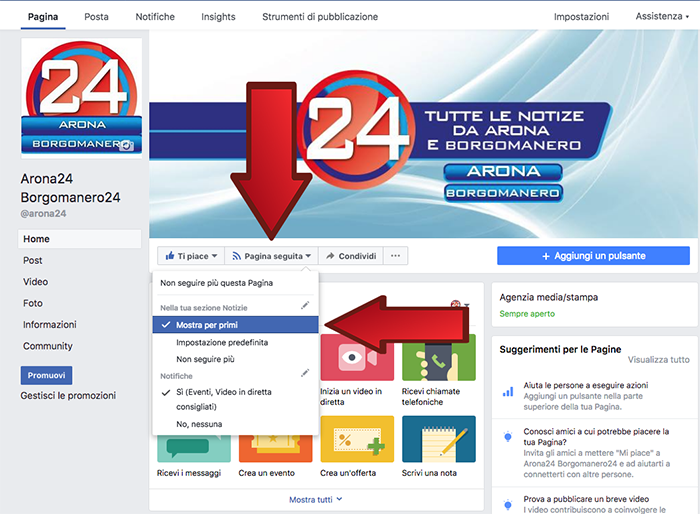 Cambia Facebook, selezionate l'opzione "mostra per primi" per Arona24