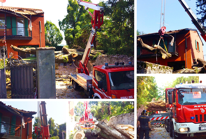 Grosso albero cade sul tetto di una casa e blocca la strada. Tagliato dai Vigili del fuoco. Foto